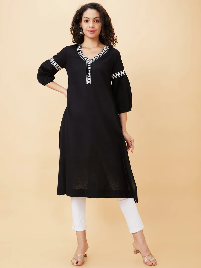 globus Women Black Ethnic Motifs Embroidered Cuffed Sleeves Cotton Regular Kurta