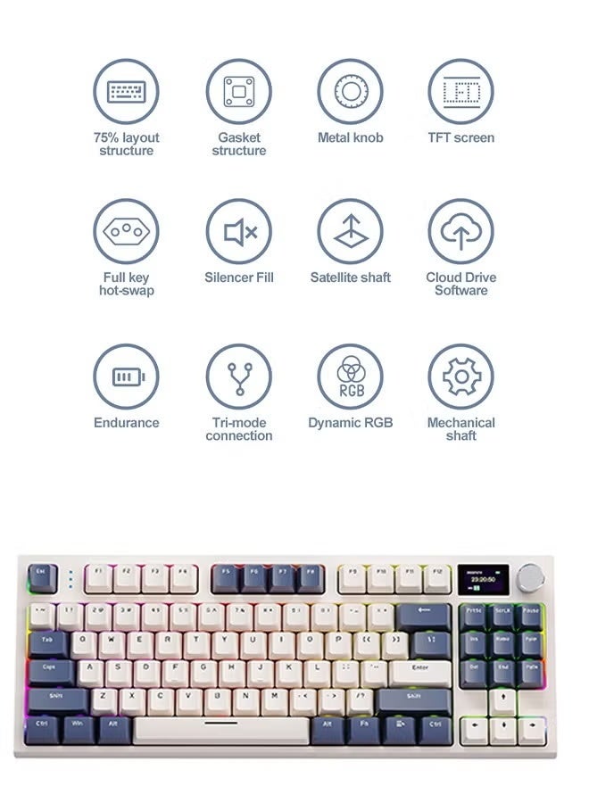 لوحة مفاتيح RHKB-11 K86 RGB اللاسلكية الميكانيكية بنسبة 75%، تدعم تقنية بلوتوث 5.0/2.4 جيجا هرتز/USB-C ثلاثية الأوضاع، 87 مفتاحًا قابلة للتبديل السريع، مزودة بمقبض وشاشة TFT للألعاب - Image 4