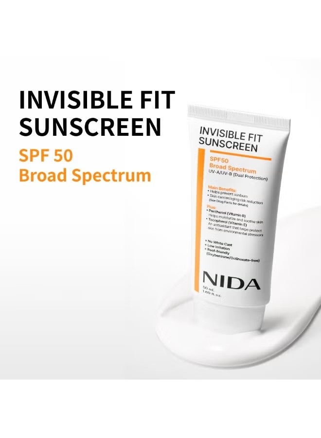 NIDA Invisible Fit Sunscreen SPF 50 Broad Spectrum UV-A/UV-B Protection | No White Cast, Low Irritation, Hydrating Lotion-like Lightweight Glow Sunscreen for All Skin Types | 1.69 fl. oz., 50ml - Image 2