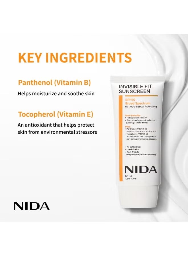 NIDA Invisible Fit Sunscreen SPF 50 Broad Spectrum UV-A/UV-B Protection | No White Cast, Low Irritation, Hydrating Lotion-like Lightweight Glow Sunscreen for All Skin Types | 1.69 fl. oz., 50ml - Image 4