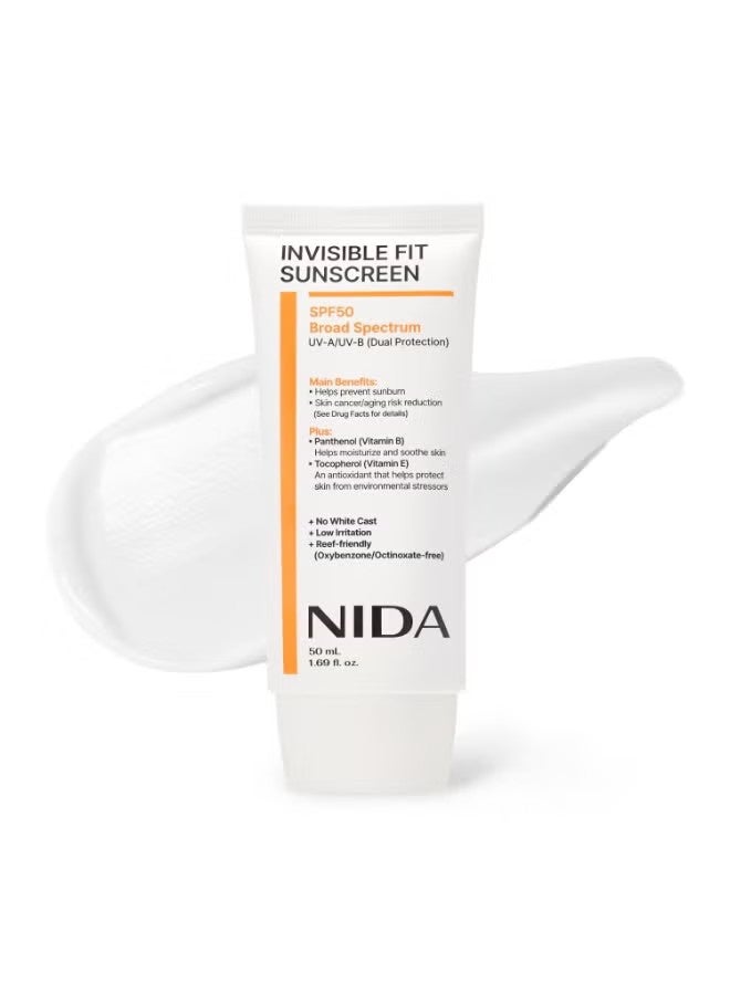 NIDA Invisible Fit Sunscreen SPF 50 Broad Spectrum UV-A/UV-B Protection | No White Cast, Low Irritation, Hydrating Lotion-like Lightweight Glow Sunscreen for All Skin Types | 1.69 fl. oz., 50ml - Image 1