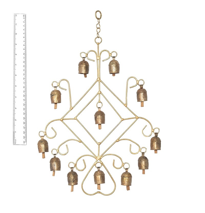 Ethnics of Kutch Ethnics of Kutch Hand Made Metal Bells Wrought Iron CopperZinc Coated Home Dcor Chimes Cow Bell Frame 12 Bells 43 cms Length Colour Copper BEL0040 - Image 4