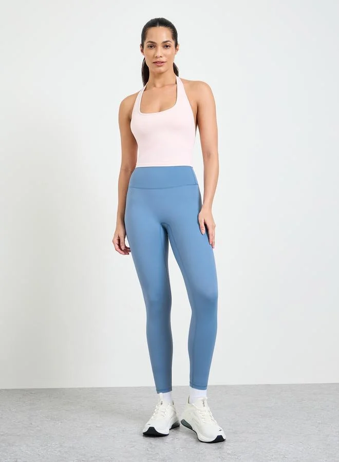 Take Two Blue Solid Wide Waistband Yoga Pants