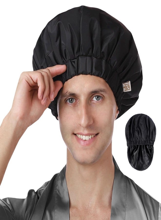 Years calm Shower Cap for Men Waterproof Reusable - Fashion Dual-Layer Design, Adjustable Elastic Band for Long & Curly Hair, XL Bath & Spa Cap for Travel, Satin Lined Shower Cap Black - Image 1