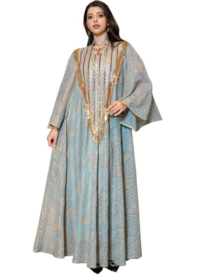 Loquat Ladies Lightweight Fabric Robe Luxury Sequin Embroidered Dress Muslim Abaya Evening Dress Light Green  - Image 1