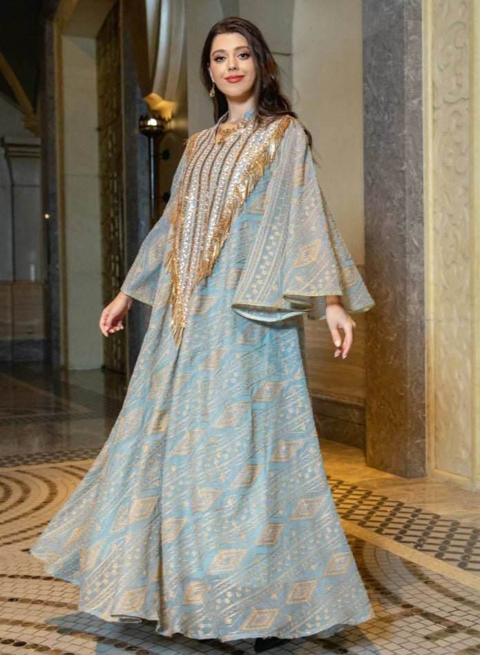 Loquat Ladies Lightweight Fabric Robe Luxury Sequin Embroidered Dress Muslim Abaya Evening Dress Light Green  - Image 2