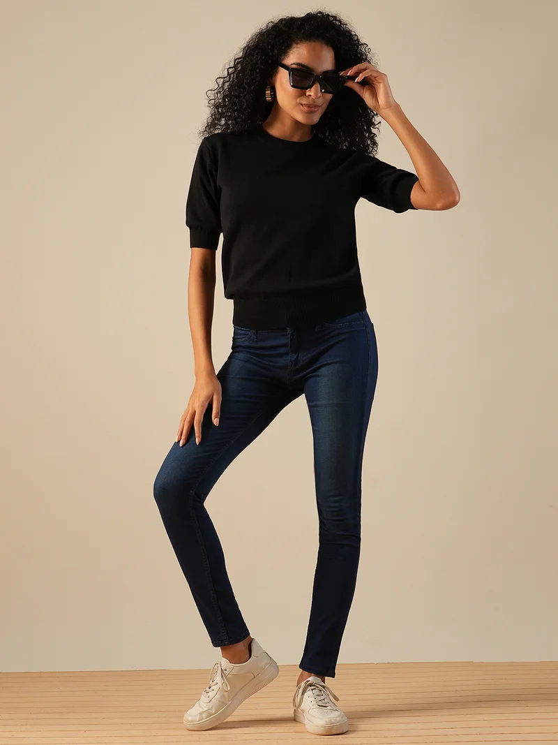 globus Women Round Neck Puff Sleeves Solid Knitted Ribbed Hem Pullover Sweater