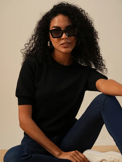 globus Women Round Neck Puff Sleeves Solid Knitted Ribbed Hem Pullover Sweater