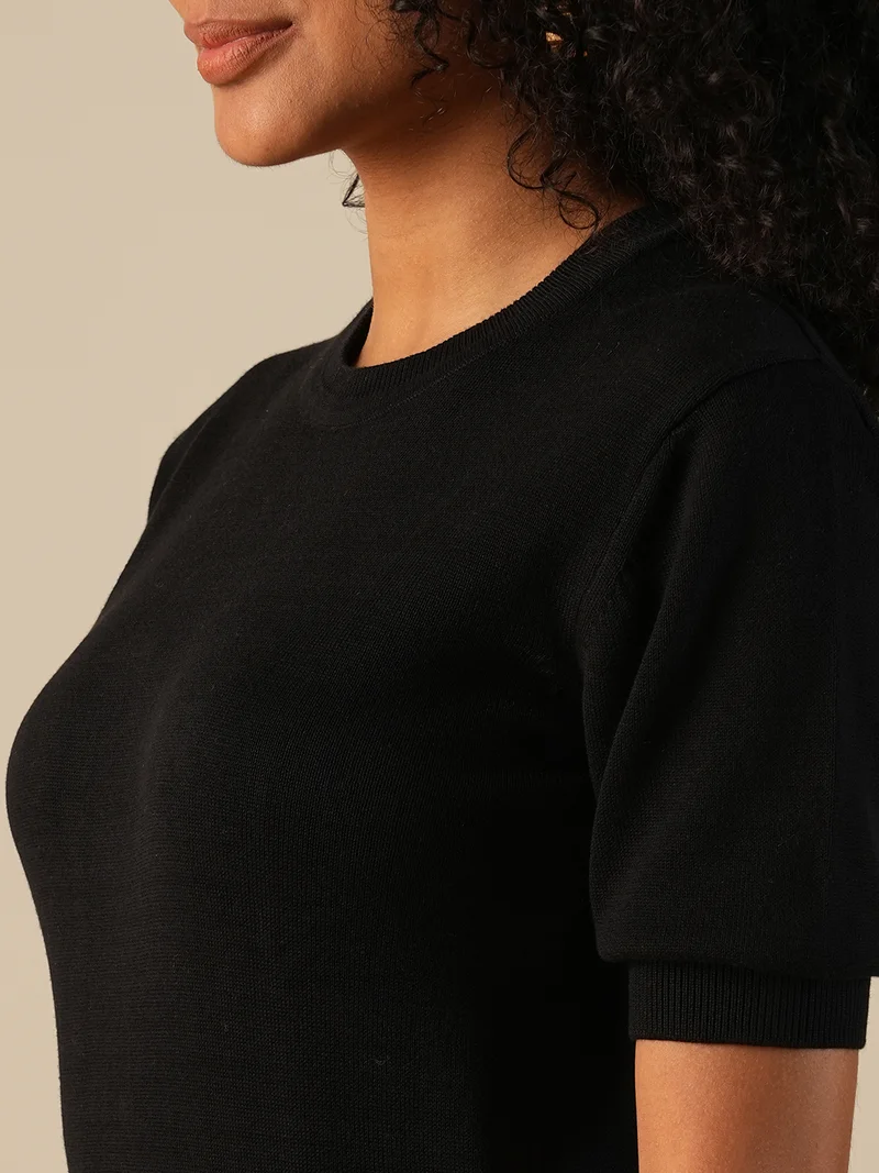 globus Women Round Neck Puff Sleeves Solid Knitted Ribbed Hem Pullover Sweater