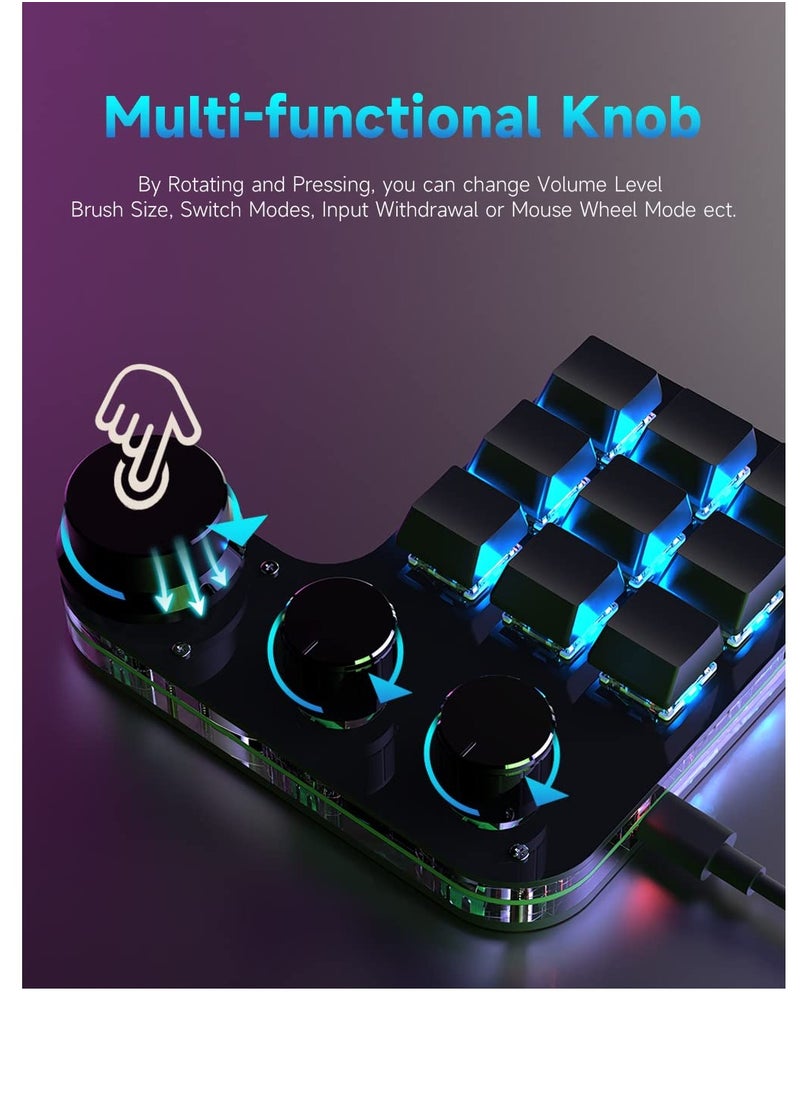 Excefore - 9-Keys USB Mini Macro Mechanical Gaming Keyboard, 3 Knobs One Handed USB PC Keypad, Full-RGB, Wired Mode Programmable Keys Support NKRO, Hotkeys, One-Click Start (Black-Wired -2nd Gen.) - Image 1