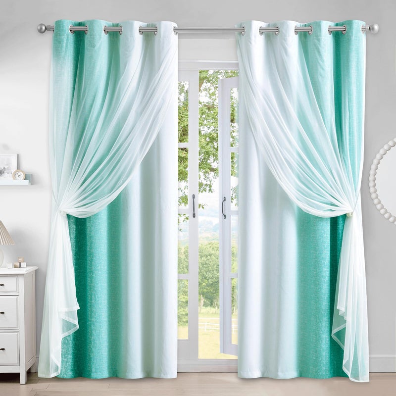 Geomoroccan 100 Blackout Curtains with Sheer Overlay Mix and Match Double Layer Drapes 84 Inch Long 2 Panels for Boys Bedroom Living Room Teal White Ombre Grommet Window Treatment with Tiebacks