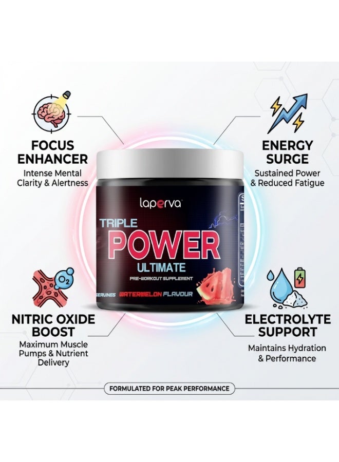 Laperva Triple Power Ultimate Pre Workout Watermelon 48 Servings, Creatine Monohydrate, Citrulline Malate, Beta Alanine, Caffeine, Taurine, B Vitamins, Energy, Endurance & Performance Support - Image 4
