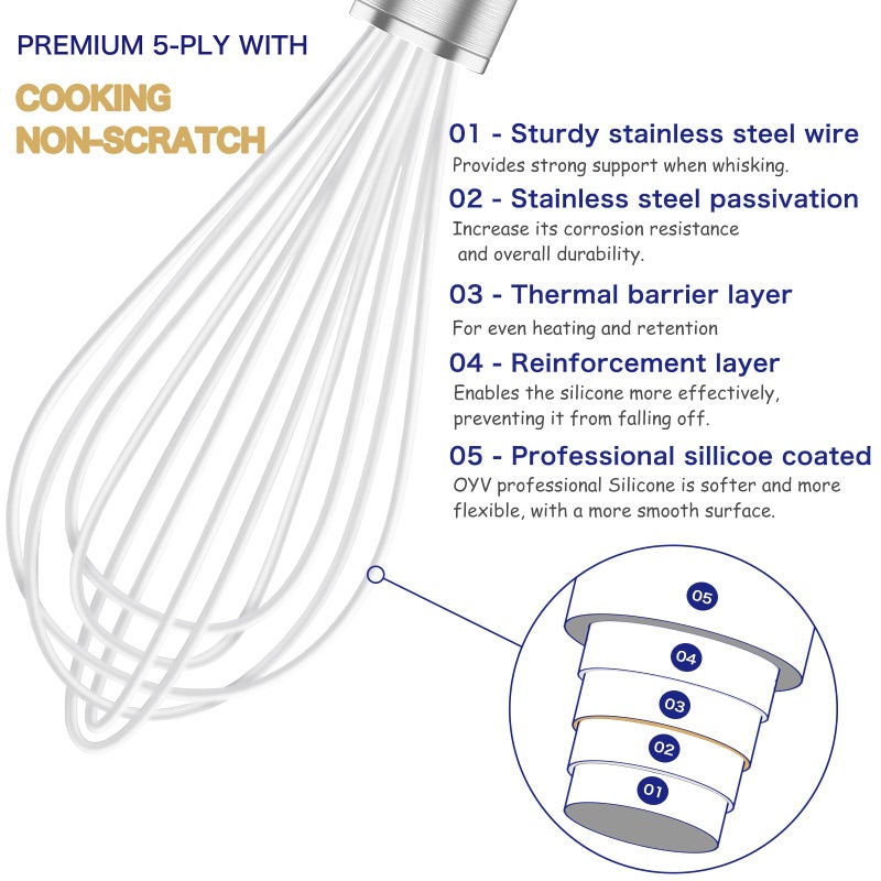 OYV White Silicone Whisk, Professional Whisks For Cooking Non-Scratch, Stainless Steel & Silicone Wisk, Plastic Rubber Whisk Tool For Nonstick Cookware Pans, BPA free, Silicon Wisks Set of 3 - Image 3