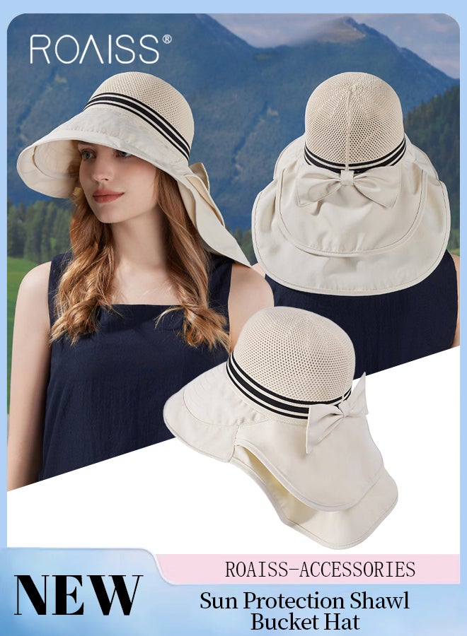 roaiss Women's Double-Layer Shawl Neck Sun Hat, Fashionable and Versatile Hollow Hat Top Breathable Bucket Hat, Wide-brimmed Beach Cap with Bow Decoration, Suitable for Traveling, Mountaineering, Camping, Cycling - Image 1