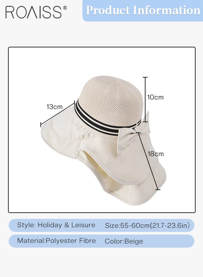 roaiss Women's Double-Layer Shawl Neck Sun Hat, Fashionable and Versatile Hollow Hat Top Breathable Bucket Hat, Wide-brimmed Beach Cap with Bow Decoration, Suitable for Traveling, Mountaineering, Camping, Cycling - Image 2