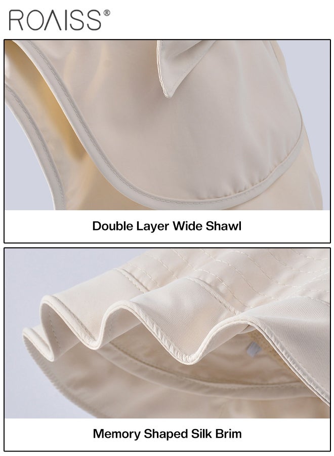 roaiss Women's Double-Layer Shawl Neck Sun Hat, Fashionable and Versatile Hollow Hat Top Breathable Bucket Hat, Wide-brimmed Beach Cap with Bow Decoration, Suitable for Traveling, Mountaineering, Camping, Cycling - Image 5