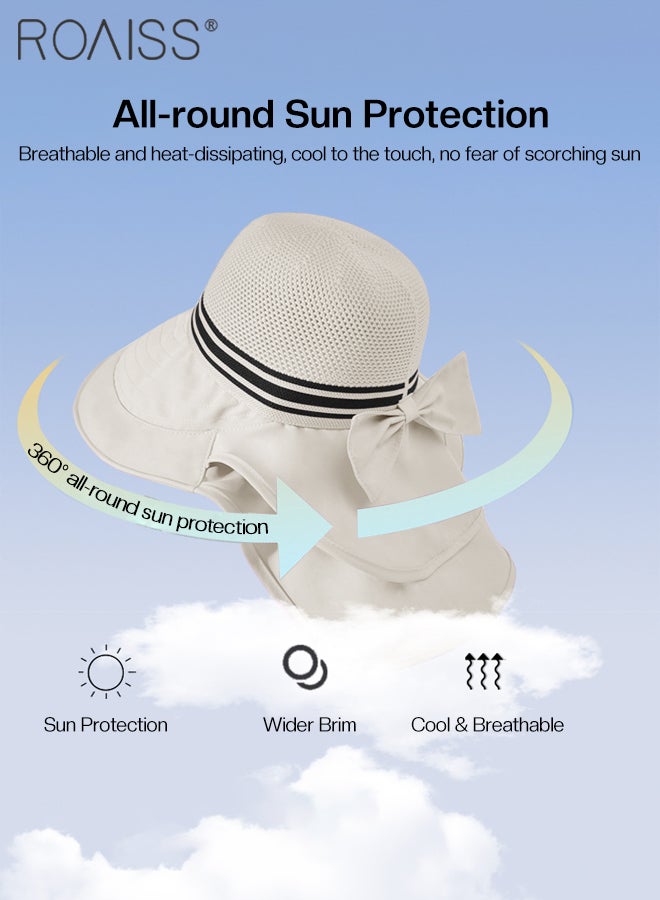 roaiss Women's Double-Layer Shawl Neck Sun Hat, Fashionable and Versatile Hollow Hat Top Breathable Bucket Hat, Wide-brimmed Beach Cap with Bow Decoration, Suitable for Traveling, Mountaineering, Camping, Cycling - Image 4