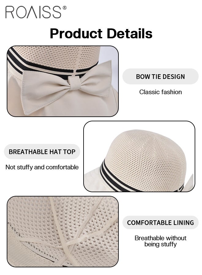 roaiss Women's Double-Layer Shawl Neck Sun Hat, Fashionable and Versatile Hollow Hat Top Breathable Bucket Hat, Wide-brimmed Beach Cap with Bow Decoration, Suitable for Traveling, Mountaineering, Camping, Cycling - Image 3