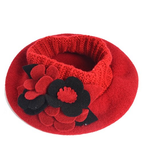 VECRY Lady French Beret 100% Wool Beret Floral Dress Beanie Winter Hat (Floral-Red) - Image 2