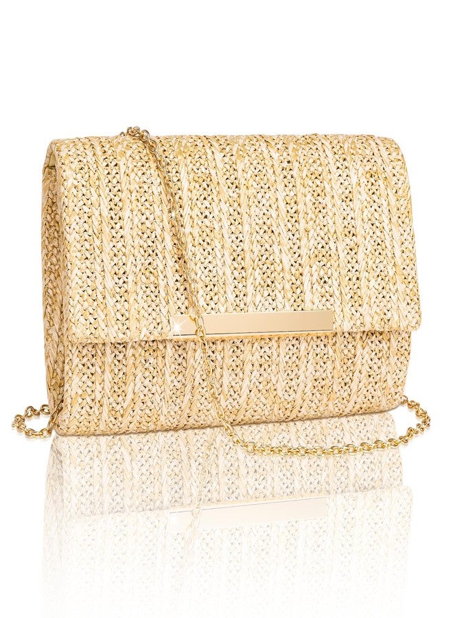 Larcenciel Straw Clutch Purse for Women, Summer Woven Beach Evening Bags w/Chain, Boho Envelope Party Bags, Fashion Crossbody Shoulder Handbags for Wedding Prom Cocktail Night Vacation,8.7x2.2x5.2inch - Image 1