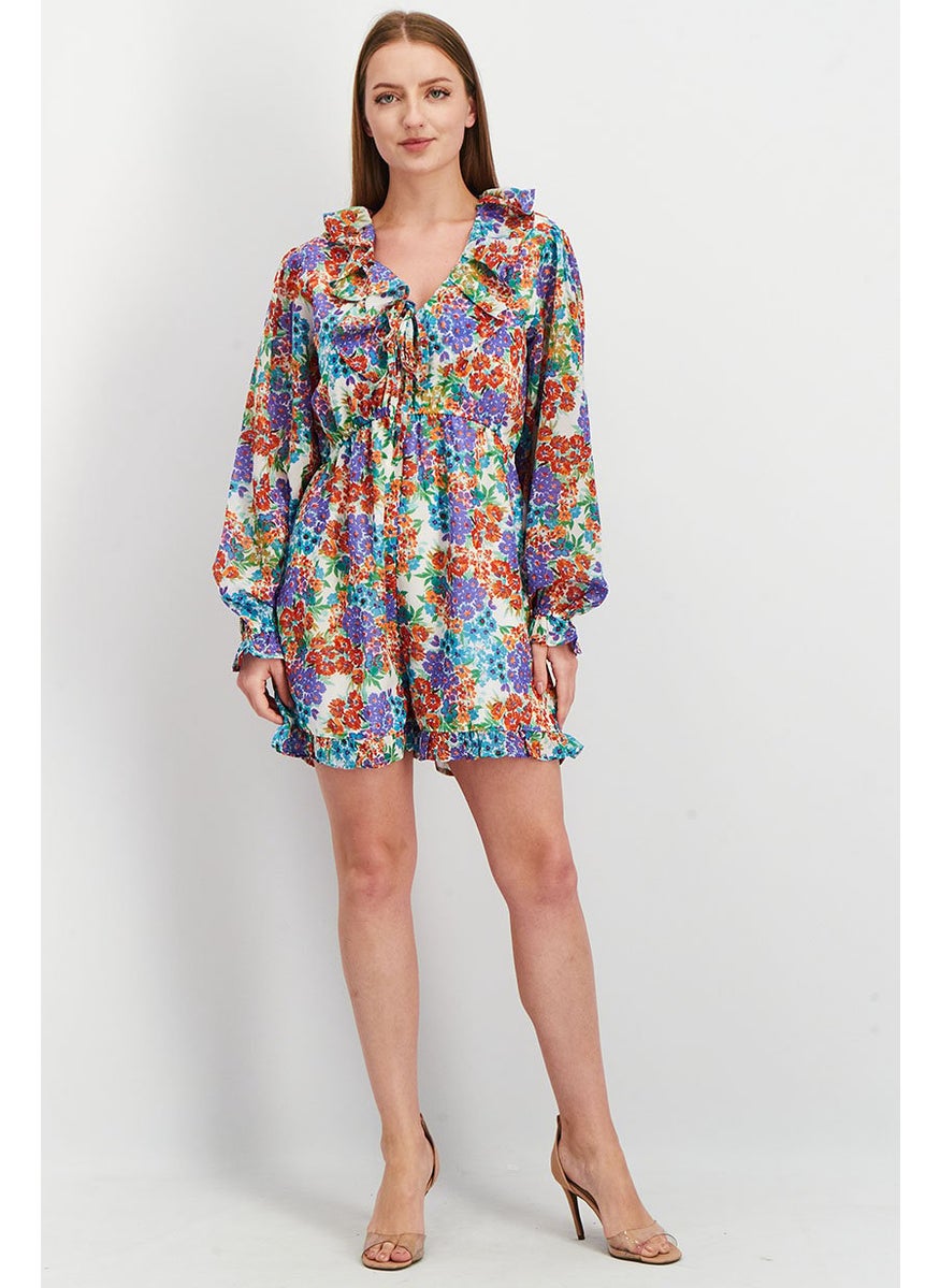 Influence Women Floral Print Ruffle Detail Playsuit, Purple  - Image 2