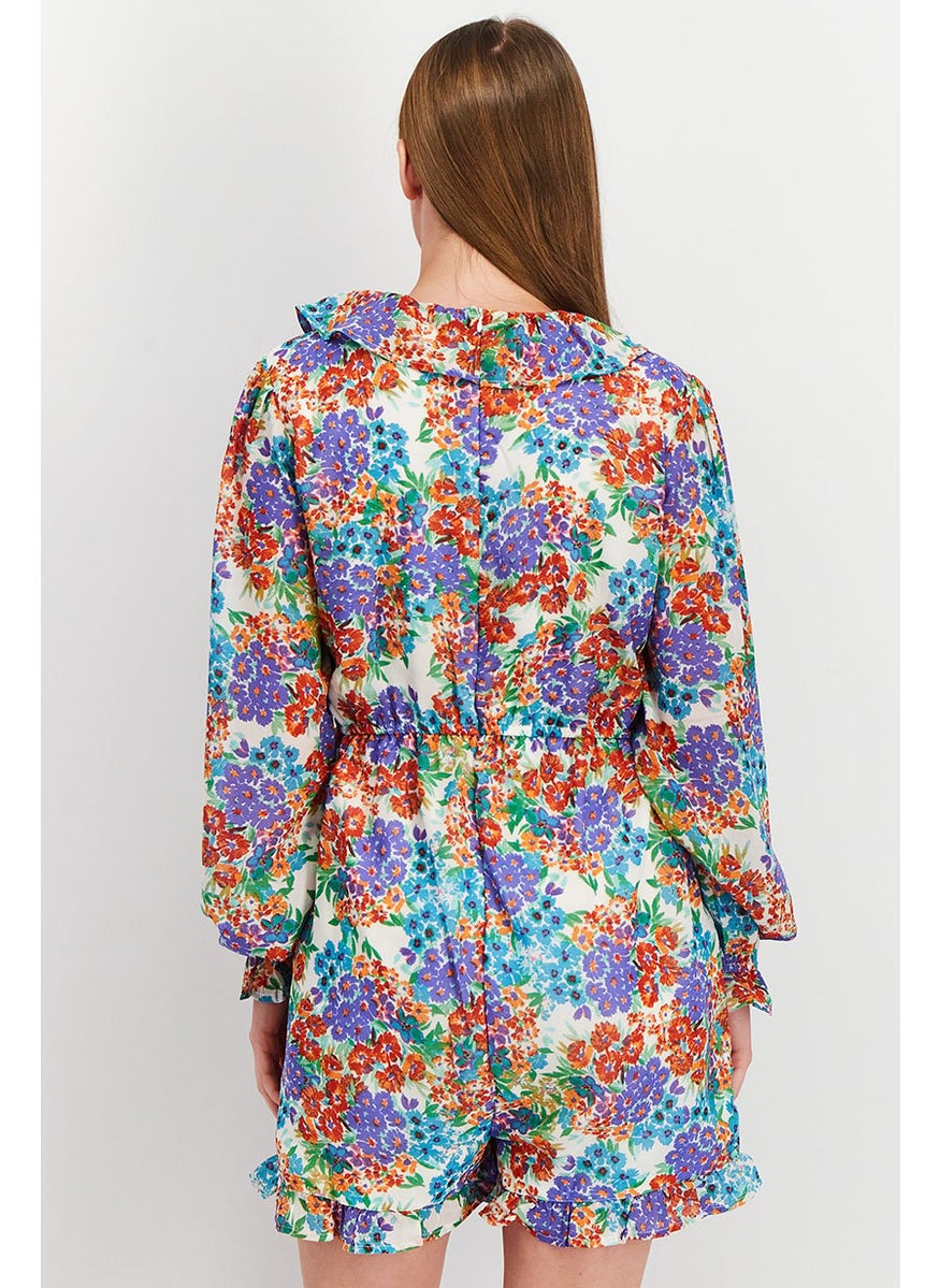Influence Women Floral Print Ruffle Detail Playsuit, Purple  - Image 3