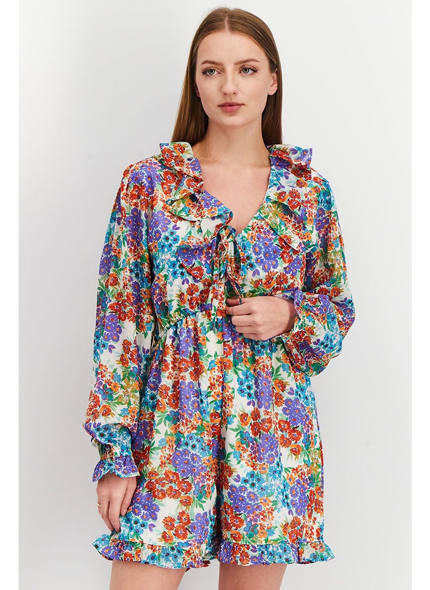Influence Women Floral Print Ruffle Detail Playsuit, Purple  - Image 1