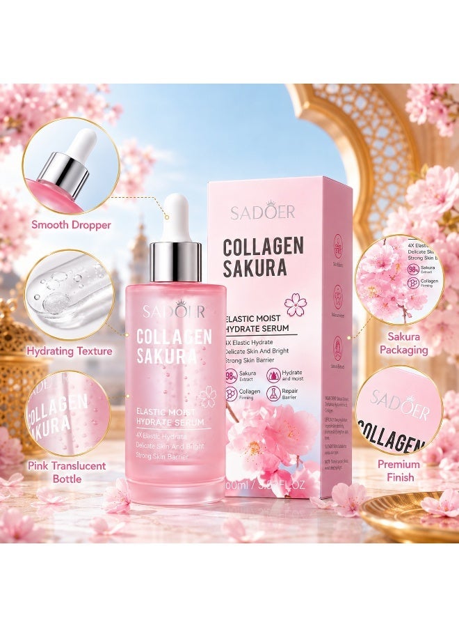 SADOER 100ml Sakura Collagen Elastic Facial Serum, Hydrating and Moisturizing Skin Care Essence for Dryness, Smooth and Supple-Looking Skin - Image 4