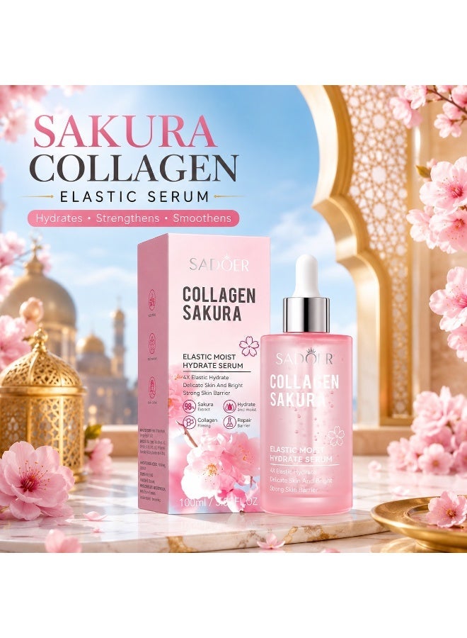 SADOER 100ml Sakura Collagen Elastic Facial Serum, Hydrating and Moisturizing Skin Care Essence for Dryness, Smooth and Supple-Looking Skin - Image 1