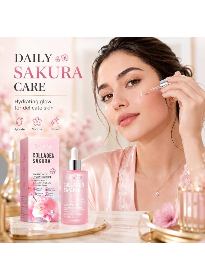 SADOER 100ml Sakura Collagen Elastic Facial Serum, Hydrating and Moisturizing Skin Care Essence for Dryness, Smooth and Supple-Looking Skin - Image 5