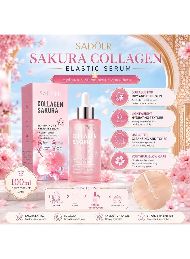 SADOER 100ml Sakura Collagen Elastic Facial Serum, Hydrating and Moisturizing Skin Care Essence for Dryness, Smooth and Supple-Looking Skin - Image 2