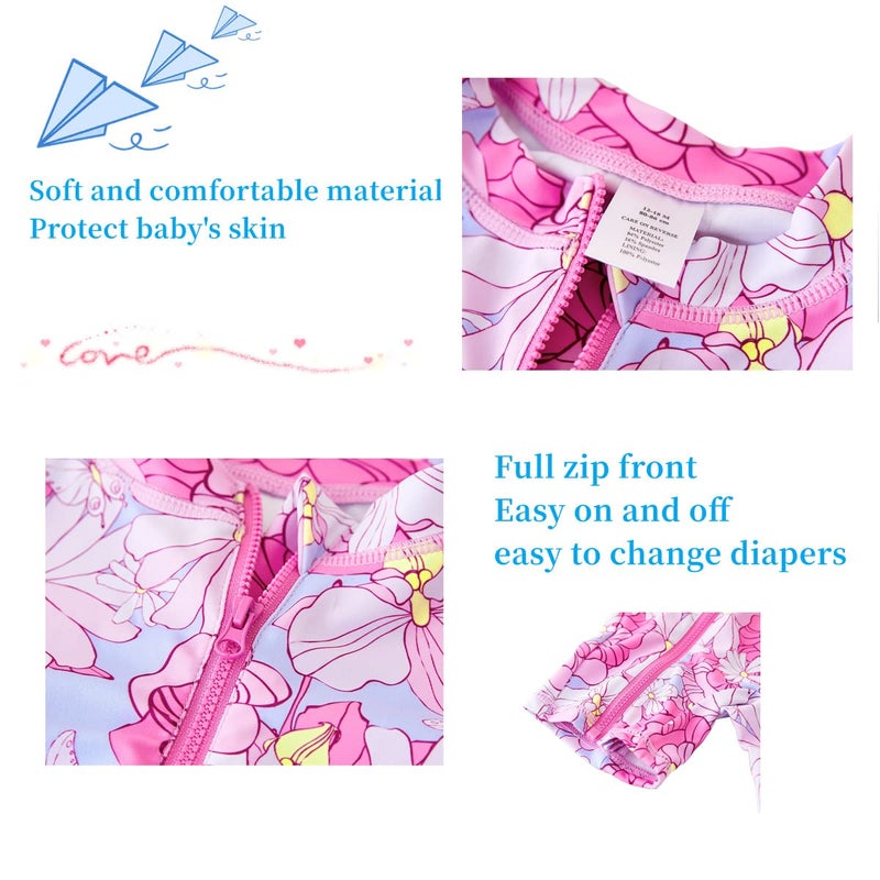 UMELOK Infant Swimwear Girls One Piece Full Zip with Long Sleeve UPF 50+ Sun Protection Swimsuit Pink Flower,3M - Image 5