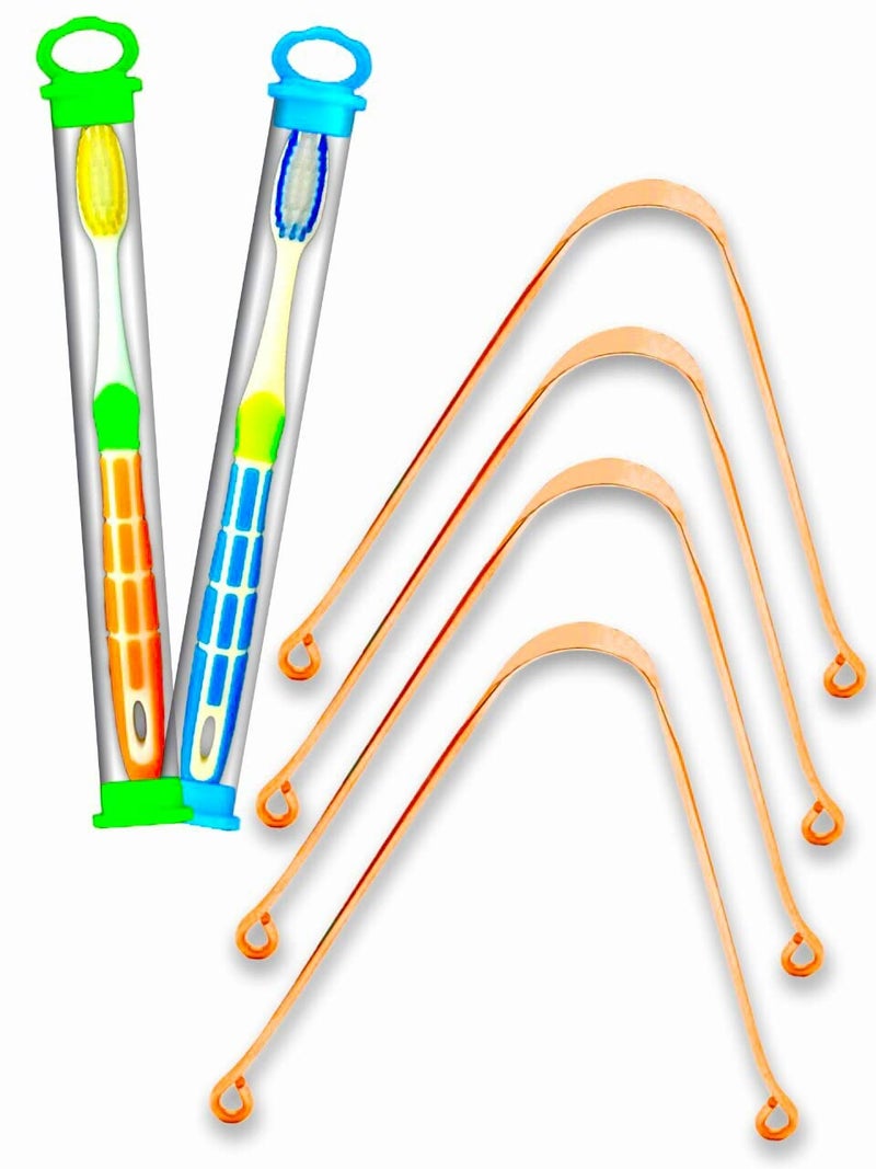 BigBro Copper Tongue Cleaner Scrapper Jibi 4pc and Extra Soft Toothbrush with Cover 2pc for Men and Women (Super Saver Pack of 6) - Image 1