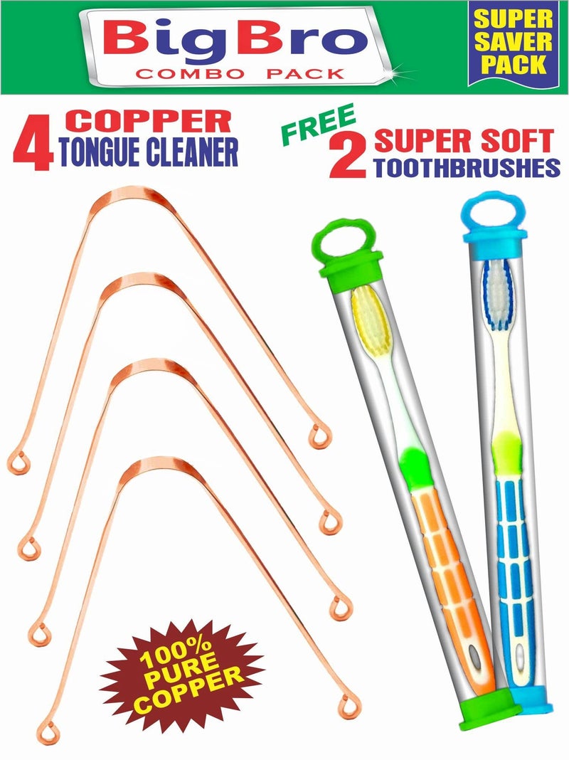 BigBro Copper Tongue Cleaner Scrapper Jibi 4pc and Extra Soft Toothbrush with Cover 2pc for Men and Women (Super Saver Pack of 6) - Image 2