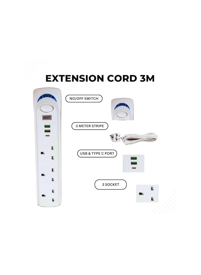 PROMASS Extension Cord 3m with USB Power Surge Protection - 3 Outlets, Dual USB & Type C Charger - 1700W, 3M Length - White Color Design (3m) - Image 3