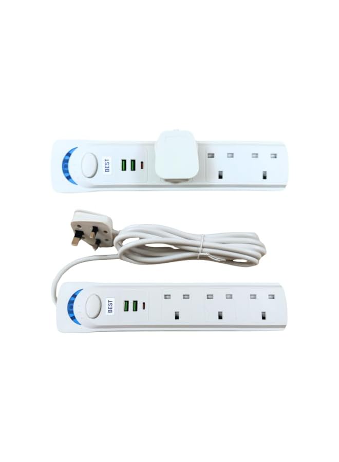 PROMASS Extension Cord 3m with USB Power Surge Protection - 3 Outlets, Dual USB & Type C Charger - 1700W, 3M Length - White Color Design (3m) - Image 2