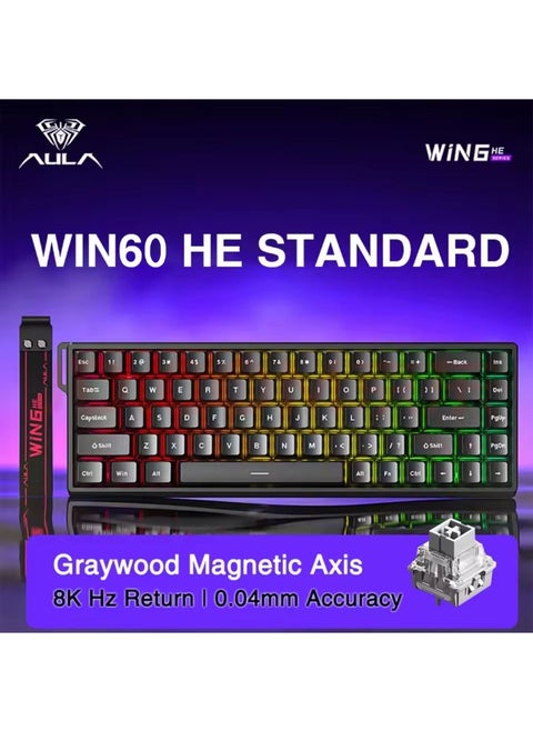 Aula WIN60 HE 60% Wired Magnetic Keyboard with Adjustable Actuation, 8000 Hz Polling Rate, Hall Effect Switches, Hot-Swap, for FPS Games (Black)