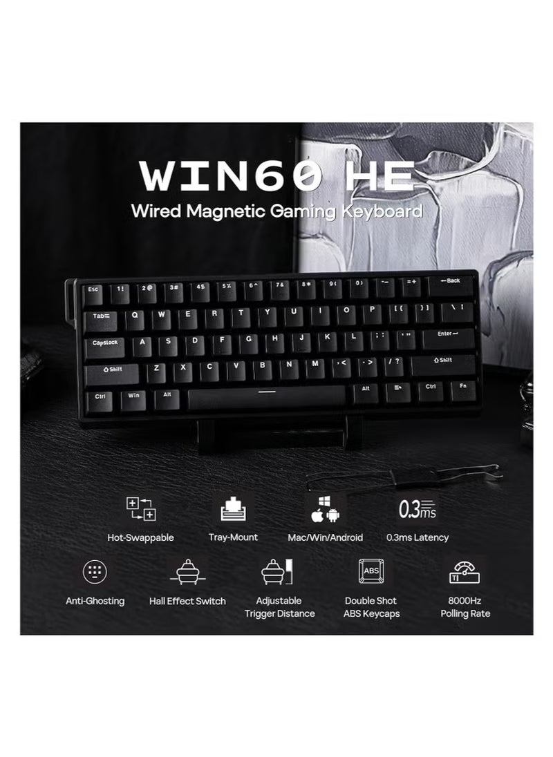 Aula WIN60 HE 60% Wired Magnetic Keyboard with Adjustable Actuation, 8000 Hz Polling Rate, Hall Effect Switches, Hot-Swap, for FPS Games (Black)