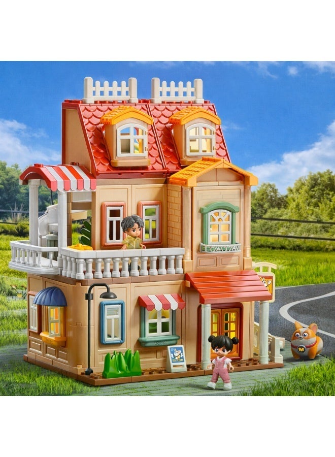 FEELO Genius Architect Warm Light Villa Building Set - 246 Pieces Creative House Model with Doll & MOCO Dog, Light-Up Construction Toy for Kids Ages 3+ - Image 1
