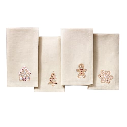 Elrene Home Fashions Gingerbread Bliss Holiday Embroidered Christmas Cotton Napkins Set of 4 - Image 1