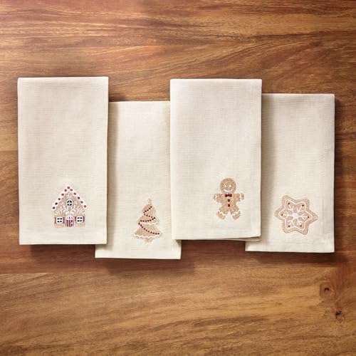 Elrene Home Fashions Gingerbread Bliss Holiday Embroidered Christmas Cotton Napkins Set of 4 - Image 3