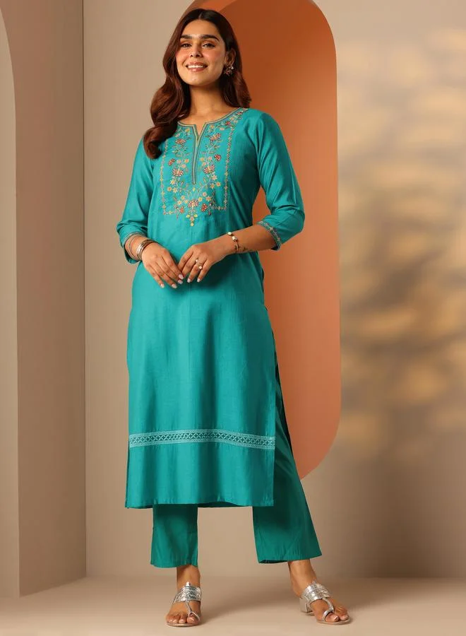 Libas Turquoise Embroidered Silk Blend Straight Kurta And Trousers Set