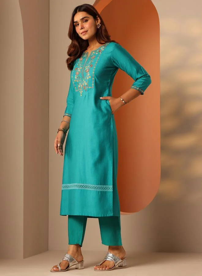 Libas Turquoise Embroidered Silk Blend Straight Kurta And Trousers Set