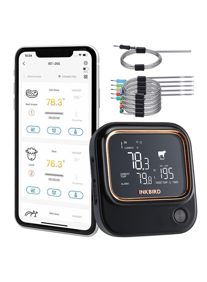 INKBIRD Bluetooth WiFi Food Thermometer BBQ 5G Wi-Fi Meat Thermometer IBT-26S with 6 Food-grade Probes APP Control USDA Meat Presets Temperature Alarm and Timer Backlit LCD with Adjustable Brightness - Image 1
