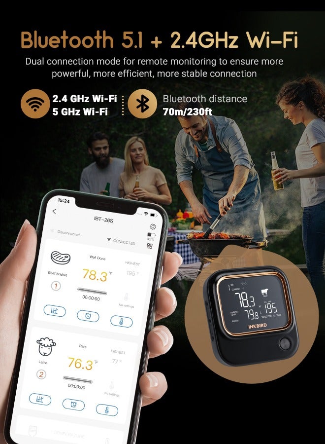 INKBIRD Bluetooth WiFi Food Thermometer BBQ 5G Wi-Fi Meat Thermometer IBT-26S with 6 Food-grade Probes APP Control USDA Meat Presets Temperature Alarm and Timer Backlit LCD with Adjustable Brightness - Image 3
