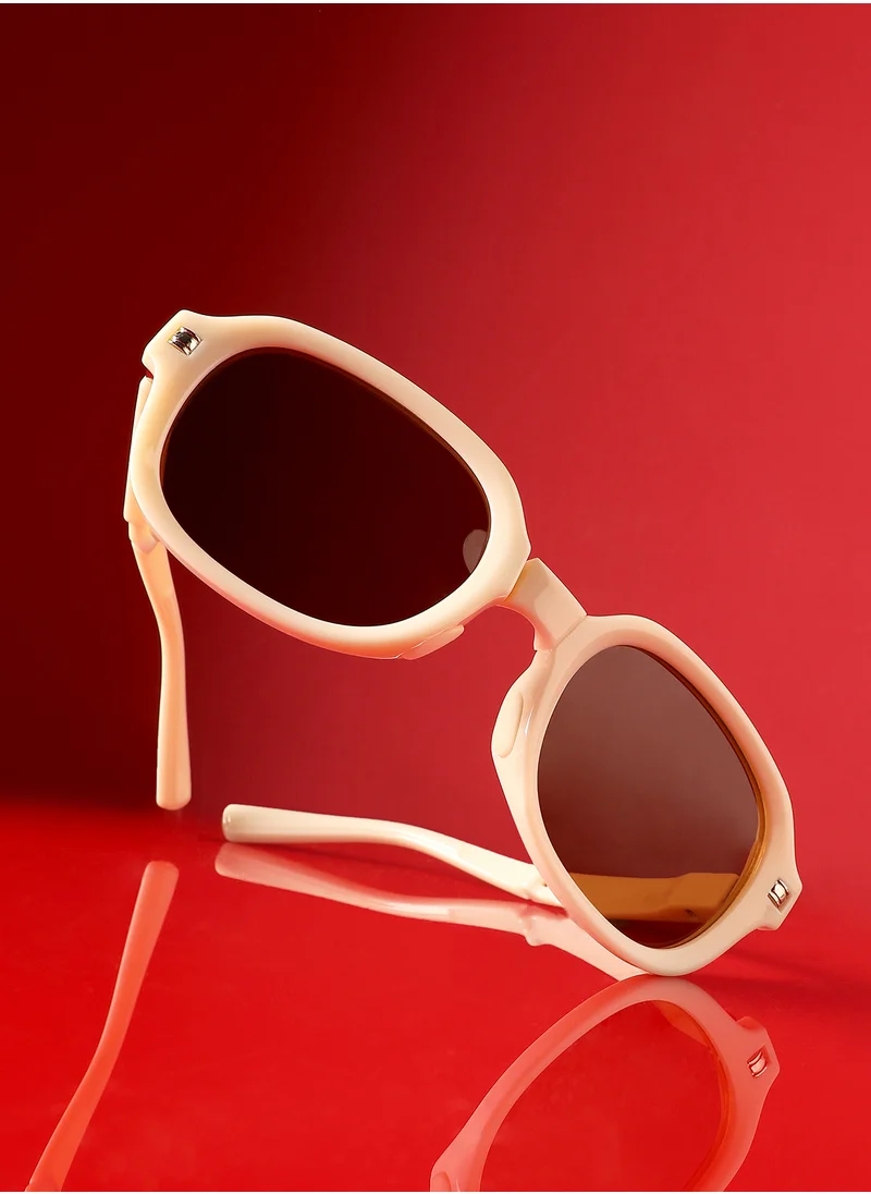 صوص هاوت Haute Sauce Unisex Foldable Rectangular Sunglasses For Casual Wear | One-Size | White Polycarbonate Frame | Brown Polarized Lens | Full Rim | Eyewear For Woman & Girls