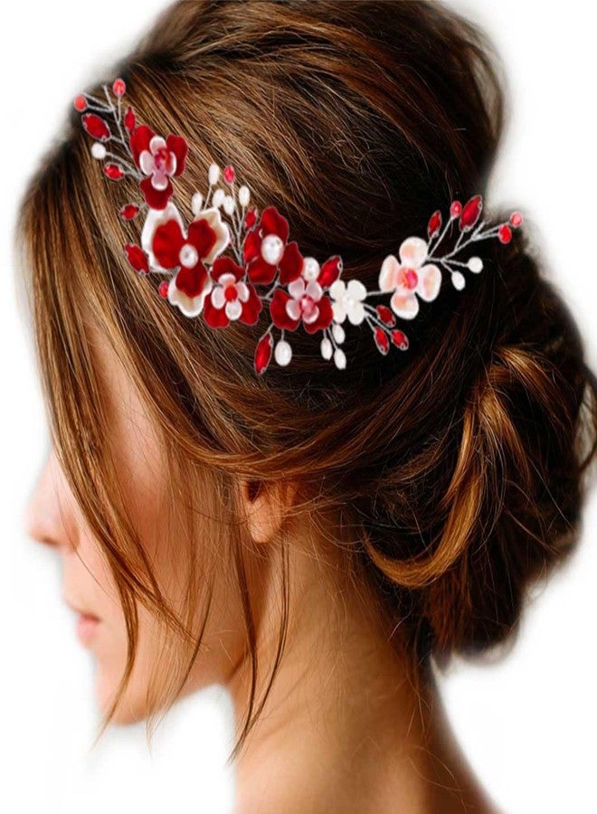 Unicra Red Flower Hair Vine Silver Bridal Wedding Hair Pieces Pearl Hair Accessories for Brides and Women - Image 1