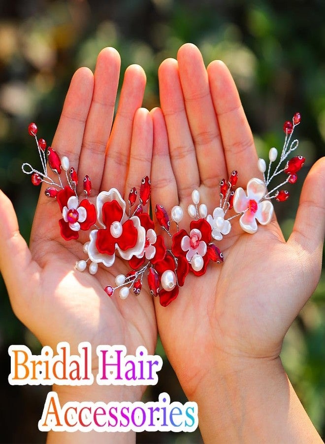 Unicra Red Flower Hair Vine Silver Bridal Wedding Hair Pieces Pearl Hair Accessories for Brides and Women - Image 2
