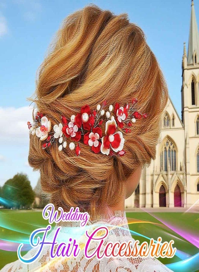 Unicra Red Flower Hair Vine Silver Bridal Wedding Hair Pieces Pearl Hair Accessories for Brides and Women - Image 4