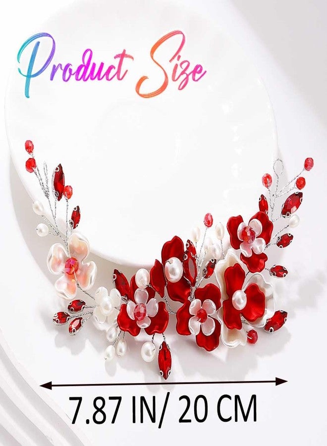 Unicra Red Flower Hair Vine Silver Bridal Wedding Hair Pieces Pearl Hair Accessories for Brides and Women - Image 5
